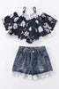 Floral Ruffle Denim Shorts Set