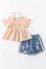 Light Yellow Smocked Ruffle Shirt Denims Shorts Set