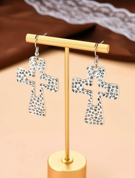 Hammered Silver Cross Earrings