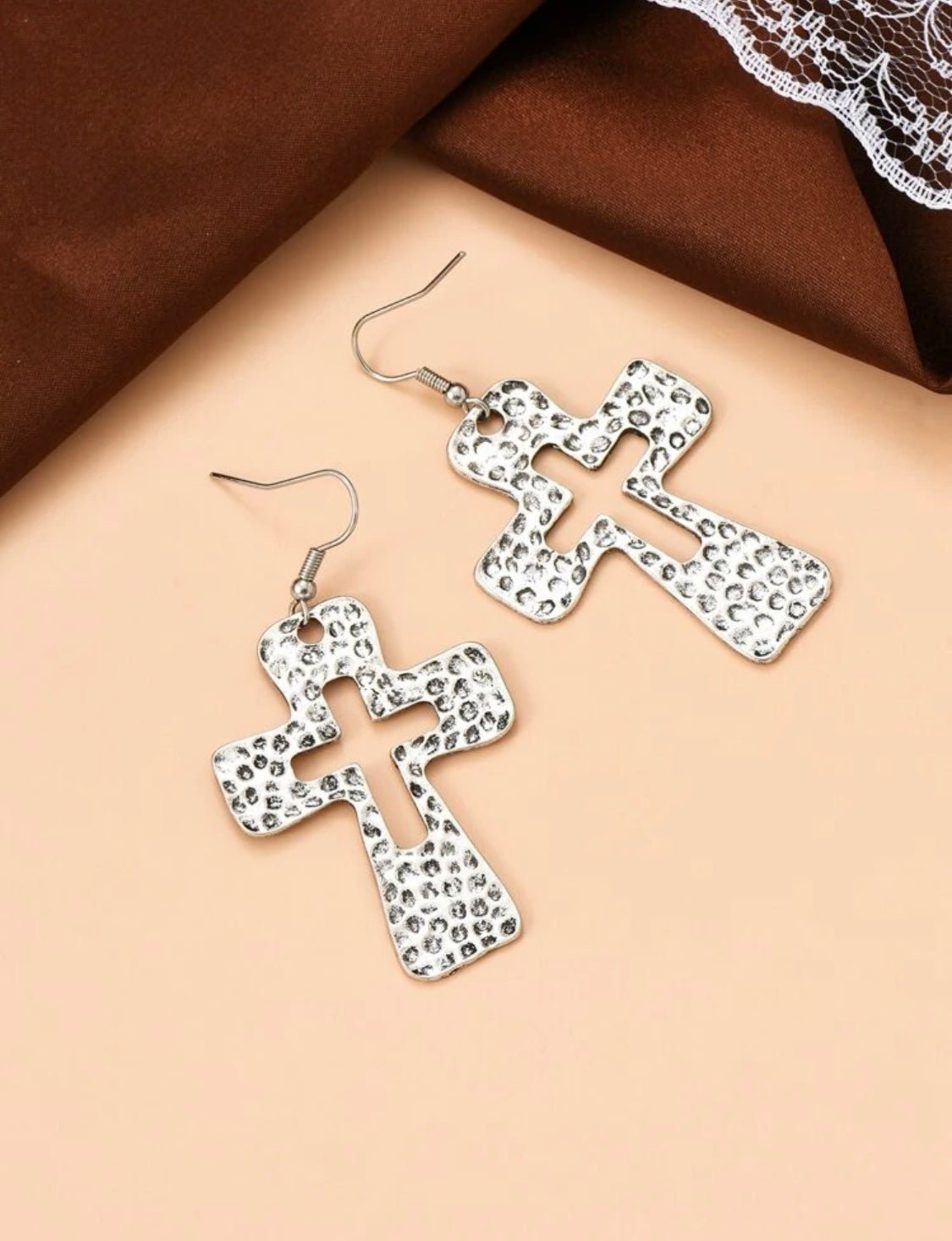 Hammered Silver Cross Earrings